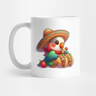 cute love birds are eating Mexican specialties, Tacos, Burritos, Enchiladas, Quesadillas, Guacamole, Fajitas, Chiles Rellenos, Tamales, Mole, Chilaquiles, Mug